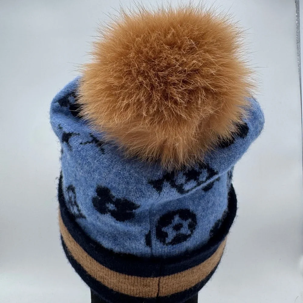 Mitchies 100% Wool Monogram Floral Beanie with Genuine Fur‎ Pom Pom Blue Navy